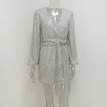 Load image into Gallery viewer, Karlofea Ladies Fashion Glitter Silver Sequined Mini Dress Elegant Ruffles Bodycon Club Party Vestidos Wedding Celebrity Clothes