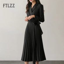 Load image into Gallery viewer, Vintage Black Pleated Dress Women Slim V Neck Fashion Spring Autumn Long Robe Vestidos Ladies Elegant Bandage Dresses Clothes