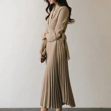 Load image into Gallery viewer, Vintage Black Pleated Dress Women Slim V Neck Fashion Spring Autumn Long Robe Vestidos Ladies Elegant Bandage Dresses Clothes