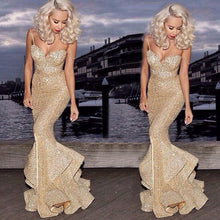 Load image into Gallery viewer, Sexy Bodycon Sequined Dress Women Spaghetti Straps Off The Shoulder Ruffle Long Hem Elegant Ladies Vestido Evening Party Clothes