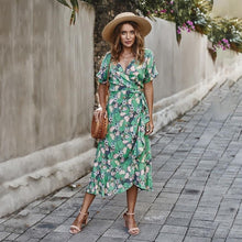 Load image into Gallery viewer, Women Long Dress Summer Vintage Print Bow Lacing-Up Midi Sundresses Casual Yellow Vacation Fitted Clothes New Arrival 2020 Retro