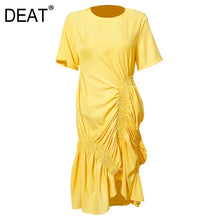 Load image into Gallery viewer, DEAT 2020 new fashion clothes round neck short sleeves asymmetrical pleated pullover long dress female vestido WK46207L