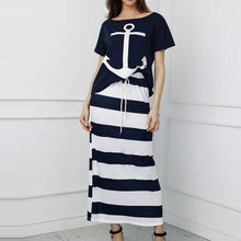 Load image into Gallery viewer, Female Summer Clothes Sexy Stylish T Shirt Letter Printed Dress Suit Two Pieces Set Navy Striped Long Casual Dresses For Women