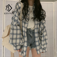 Load image into Gallery viewer, New Arrival Women Vintage Plaid Oversized Blouse Lantern Sleeve Turn Down Collar White Shirt Button Up Casual Tops T04004F