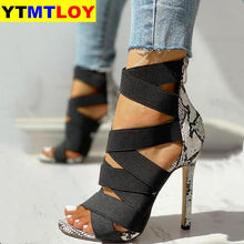 Load image into Gallery viewer, Snake Summer Shoes Woman Pumps High Thin Heels Pointed Toe Rhinestone Gladiator Pumps Party Sexy Shoes Prom Shoes