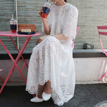 Load image into Gallery viewer, Hollow Out Lace Short Sleeve Women's Dresses Summer Elegant White Mid-Calf Ladies Dress 2020 New Sweet Loose Female Clothes