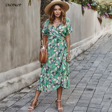 Load image into Gallery viewer, Women Long Dress Summer Vintage Print Bow Lacing-Up Midi Sundresses Casual Yellow Vacation Fitted Clothes New Arrival 2020 Retro