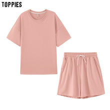 Load image into Gallery viewer, toppies summer tracksuits womens two peices set leisure outfits cotton oversized t-shirts high waist shorts candy color clothing