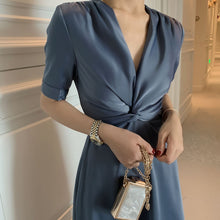Load image into Gallery viewer, Women's Clothes 2020 Summer New Style Retro French V-neck Satin Solid Color Short Sleeve High Waist Twist A-Line Long Dress