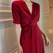 Load image into Gallery viewer, Women's Clothes 2020 Summer New Style Retro French V-neck Satin Solid Color Short Sleeve High Waist Twist A-Line Long Dress