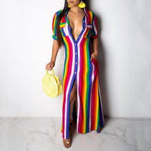 Load image into Gallery viewer, Women Casual Rainbow Striped Print Dress Long Sleeve Maxi Behomian Shirt Dresses 2020 Summer Loose Button Boho Clothes Streetwea