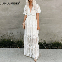 Load image into Gallery viewer, 2020 Summer Boho Women Maxi Dress Loose Embroidery White Lace Long Tunic Beach Dress Vacation Holiday Clothes V-Neck Dress