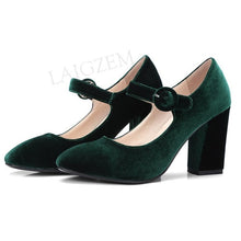 Load image into Gallery viewer, LAIGZEM Women Mary Jane Heels Velvet Vintage Chunky Heels Pumps Zapatos Pumps Summer Sandals Shoes Woman Size 33 38 39 43