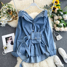 Load image into Gallery viewer, Pocket Denim Mini Dress Women Wear positive Negative Two Kinds Button Denim With Belt Dresses Girls Spring Autumn Sweet Clothes