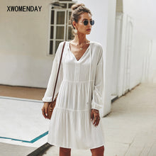 Load image into Gallery viewer, Vogue Womens White Long Sleeve Dress Summer Simple Casual Holiday Sundress 2020 Vintage Loose Ankle Dresses For Women Clothes