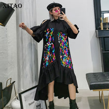 Load image into Gallery viewer, XITAO Irregular Patchwork Sequin Dress Women Clothes 2020 Summer New Fashion Casual Hollow Out Turn Down Elegant Dress ZLL4993
