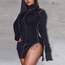Load image into Gallery viewer, Turtleneck Long Sleeve Side Split Women Dress Patchwork Sheath Flare Sleeve Short Female Dresses 2020 Streetwear Ladies Clothes