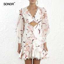 Load image into Gallery viewer, SONDR 2019 Summer Sexy Hollow Out Dress For Women V Neck Lantern Sleeve High Waist Slim Women's Mini Dresses Fashion Clothes New