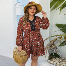Load image into Gallery viewer, Sexy Lace V-Neck Mini Dress Long Sleeve High Waist Women Clothes Elegant Fashion Printing Plus Size Swing A-Line Dresses 2020