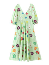 Load image into Gallery viewer, Jastie Beautifully Embroidered Linen Midi Dress V-Neck Half Sleeve Autumn Dresses Colorful Floral Chic Boho Dress Women Clothes
