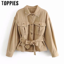 Load image into Gallery viewer, Khaki Ripped Hole Jeans Jacket Women Denim Jacket Single Breasted Belt Waist Coat Fall 2019 American European Clothes
