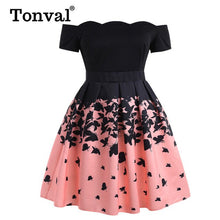 Load image into Gallery viewer, Tonval Plus Size 5XL Vintage Clothes Women Black and Pink Butterfly Print Elegant Dress Scallop Trim Off Shoulder Party Dress
