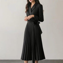 Load image into Gallery viewer, Vintage Black Pleated Dress Women Slim V Neck Fashion Spring Autumn Long Robe Vestidos Ladies Elegant Bandage Dresses Clothes

