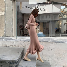 Load image into Gallery viewer, Vangull Women Sweater Dress Autumn Winter Clothes New Fashion Ruffle Long Sleeve Knitted Dress Women Casual Knee Length Dress
