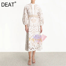 Load image into Gallery viewer, DEAT 2020 new spring and summer fashion women clothes turtleneck lantern sleeves belts lace hollow out dress vacation WK16700L
