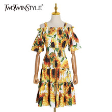 Load image into Gallery viewer, TWOTWINSTYLE Print Hit Color Women's Dress Square Collar Off Shoulder Half Sleeve High Waist Mini Dresses Female Clothes Fashion
