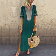 Load image into Gallery viewer, 2020 Women Autumn Summer Dress Boho Solid Linen Clothes Sundress Plus Size V Neck Short Sleeve Dresses Party Maxi Long Dress
