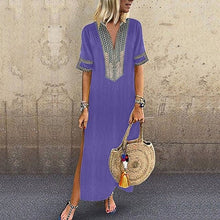 Load image into Gallery viewer, 2020 Women Autumn Summer Dress Boho Solid Linen Clothes Sundress Plus Size V Neck Short Sleeve Dresses Party Maxi Long Dress
