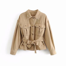 Load image into Gallery viewer, Khaki Ripped Hole Jeans Jacket Women Denim Jacket Single Breasted Belt Waist Coat Fall 2019 American European Clothes
