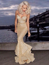 Load image into Gallery viewer, Sexy Bodycon Sequined Dress Women Spaghetti Straps Off The Shoulder Ruffle Long Hem Elegant Ladies Vestido Evening Party Clothes
