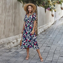 Load image into Gallery viewer, Women Long Dress Summer Vintage Print Bow Lacing-Up Midi Sundresses Casual Yellow Vacation Fitted Clothes New Arrival 2020 Retro
