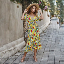 Load image into Gallery viewer, Women Long Dress Summer Vintage Print Bow Lacing-Up Midi Sundresses Casual Yellow Vacation Fitted Clothes New Arrival 2020 Retro
