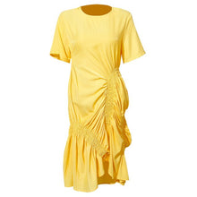 Load image into Gallery viewer, DEAT 2020 new fashion clothes round neck short sleeves asymmetrical pleated pullover long dress female vestido WK46207L
