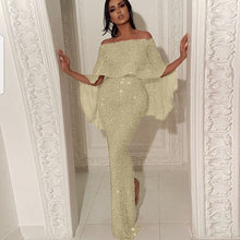 Load image into Gallery viewer, Sexy Bodycon Dress Women Evening Gown Shiny Sequin Off Shoulder Ruffles Sleeve Party Zipper Back Ladies Vestidos Elegant Clothes
