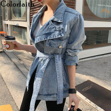 Load image into Gallery viewer, Colorfaith New 2020 Spring Autumn Women's Denim Jackets Casual Turn-down Collar Sashes Streetwear Asymmetrical Jeans Tops JK6775
