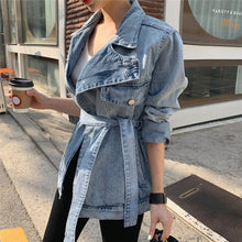 Load image into Gallery viewer, Colorfaith New 2020 Spring Autumn Women's Denim Jackets Casual Turn-down Collar Sashes Streetwear Asymmetrical Jeans Tops JK6775
