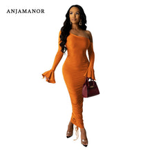 Load image into Gallery viewer, ANJAMANOR Sexy Ladies Dresses Off Shoulder Flare Sleeve Ruched Bodycon Maxi Dress Women Party Clothes Clubwear Vestidos D90-AF06

