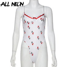 Load image into Gallery viewer, ALLNeon Sweet Summer Cherry Printing Ruffle Bodysuits Vintage Spaghetti Strap Backless Sexy Body Chic E-girl Outfit Clubwear 90s

