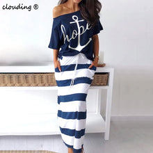 Load image into Gallery viewer, Female Summer Clothes Sexy Stylish T Shirt Letter Printed Dress Suit Two Pieces Set Navy Striped Long Casual Dresses For Women

