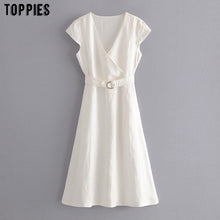 Load image into Gallery viewer, toppies white cotton and linen dress womens short sleeve v-neck midi dress plus size fashion clothes
