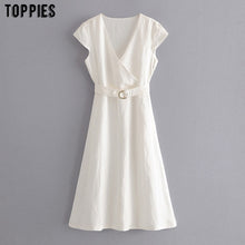 Load image into Gallery viewer, toppies white cotton and linen dress womens short sleeve v-neck midi dress plus size fashion clothes
