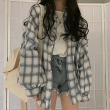 Load image into Gallery viewer, New Arrival Women Vintage Plaid Oversized Blouse Lantern Sleeve Turn Down Collar White Shirt Button Up Casual Tops T04004F
