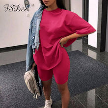 Load image into Gallery viewer, FSDA Summer 2020 Women Set O Neck Loose Short Sleeve Top Shirt And Biker Shorts Casual Two Piece Sets White Outfit Khaki Suit
