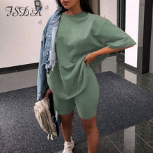 Load image into Gallery viewer, FSDA Summer 2020 Women Set O Neck Loose Short Sleeve Top Shirt And Biker Shorts Casual Two Piece Sets White Outfit Khaki Suit
