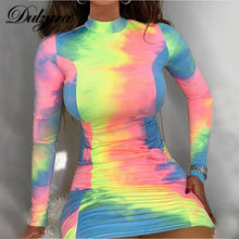 Load image into Gallery viewer, Dulzura tie dye print ruched women mini dress long sleeve bodycon sexy elegant party streetwear 2020 summer clothes outfit club
