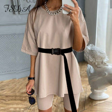 Load image into Gallery viewer, FSDA Summer 2020 Women Set O Neck Loose Short Sleeve Top Shirt And Biker Shorts Casual Two Piece Sets White Outfit Khaki Suit
